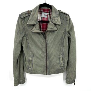 DOMA Women's Sage Green Distressed Leather Full Zip Biker Moto Jacket Size Small